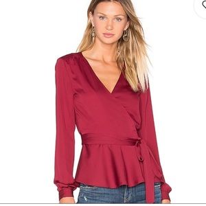 L'Academie The Long Sleeve Wrap Satin Blouse Shirt Cabernet Red